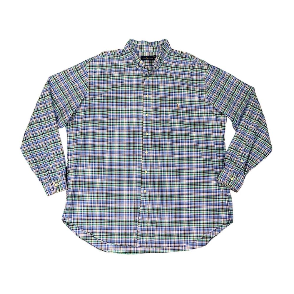 Ralph Lauren Shirt Mens 2XLT Tall Blue Green Plaid Cotton Button Down Drop Cut